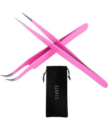 SIVOTE Lash Tweezers for Eyelash Extensions Hand Calibrated Straight & Curved Tip Pack of 2 Pink