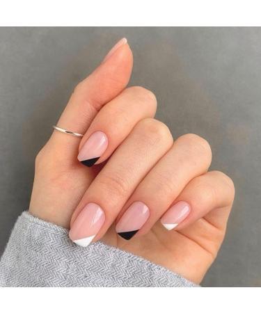 JUSTOTRY 48 Pcs Geometric Square White & Black French Tip False Nails - Medium Length Press on Nails with Nail Glue - Squoval Shape for Women - Buy Online on GoSupps.com