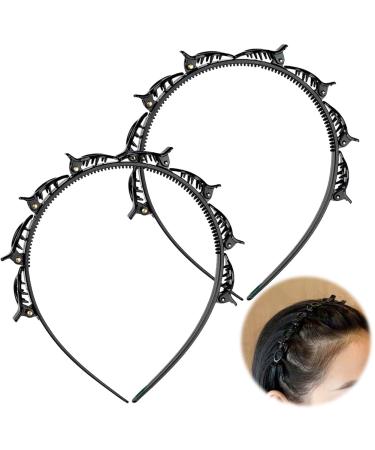 wllqinte Women's Headband with Clips 2 Pieces Headband with Clips 2024 Black Twist Braid Headband Headband Hair Holder Hair Accessories Hair Band for Styling Long and Short Hair