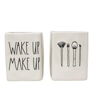 Rae Dunn Set of 2 Ceramic Brush Holders (Make Up/Wake Up/White) Make Up / Wake Up / White
