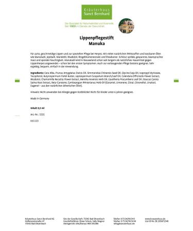 Sanct Bernhard Manuka Lip Balm for Herpes Relief - 8.5ml | Premium Lip Care - Buy Online on GoSupps.com