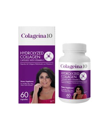 Colageina 10 Hydrolyzed Collagen Capsules with Vitamin C - Anti-Aging Dietary Supplement for Healthy Skin Hair Nails Joints and Bones - 60 Count
