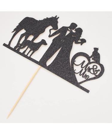 Mr & Mrs Cake Topper Bride and Groom with Cat Dog Horse Silhouette Wedding Party Decorations Black Glitter - Buy Online on GoSupps.com