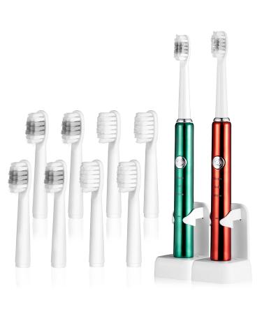 SSBLZYX 2 Pack Sonic Toothbrush Electric Toothbrush Adults with 35000VPM 3 Modes ipx7 Waterproof Includes 10 Dupont Brush Heads USB Wireless Charging Holder and Toothbrush Holder-Red & Green