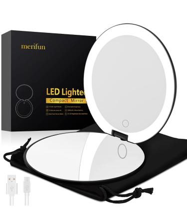 Compact Lighted Mirror  5-inch Travel Makeup Mirror- 1X/10X Magnifying  Medical Grade LED  USB Charging  Touch Screen & Brightness Dimmable (Black)
