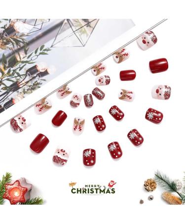 Vatocu Christmas False Nails - Short Red Press On Nails with Snowflakes, Elk, Snowman Design - 24pcs for Women and Girls - Buy Online on GoSupps.com