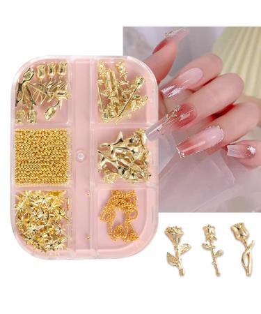 RIICFDD Gold Nail Art Charms 3D Rose Charms for Nails  6 Grids Golden Flower Nail Charms Star Nail Gems Round Nail Art Supplies Beads Luxurious Design Nail Accessories Lines for Women Girls