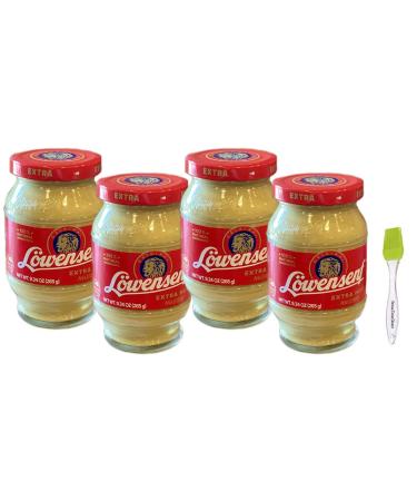 Lowensenf Extra Hot German Mustard, 9.3 oz (4 Pack) Bundle with PrimeTime Direct Silicone Basting Brush in a PTD Sealed Bag