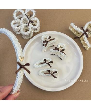 JSGHGDF Hair Claw Clip Hairband Hair Jaw Clamps Cute Hair Catch Brown w Ribbon Barrettes Beaded Hairpin for Girl - Buy Online on GoSupps.com