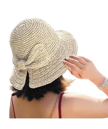 Foldable Wide Brim Floppy Straw Beach Sun Hat,Summer Cap with Bowknot for Women Girls,Strap Adjustable 1 Pack Beige