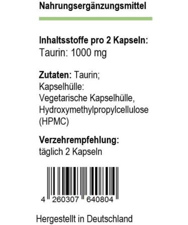 Taurine 120 Capsules - Pure Additive-Free Vegetarian Shell | German Quality Supplement - Buy Online on GoSupps.com