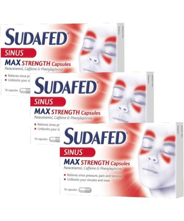 Sudafed Sinus Max Strength Capsules Relieves Sinus Pressure and Pain Relieves Symptoms of Blocked Nose Headache Fever Aches and Pain - X3 Pack of 16 | Total 48 Capsules - Buy Online on GoSupps.com