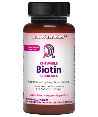 10K Nutrition | Vegan Chewable Biotin 10 000mcg | Natural Mixed Berry Flavor | 100 Chewable Tablets | Supports Healthy Hair Skin & Nails | Non-GMO | Gluten Free | Sugar Free |