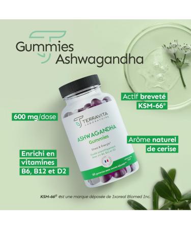 Ashwagandha Gummies 600 mg | Anti-Stress - Sleep - Vitality | Ashwagandha Patented KSM-66 | -28% Cortisol in 2 Months | 60 Cherry Flavor Gummies | Vegan and Gelatin Free | Made in France | Terravita - Buy Online on GoSupps.com