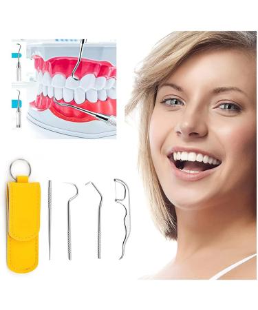Stylenbest 4-Part Portable Stainless Steel Tooth Holder Set | Tartar Remover & Mouth Care Kit for Camping | Yellow Leather Case - Buy Online on GoSupps.com