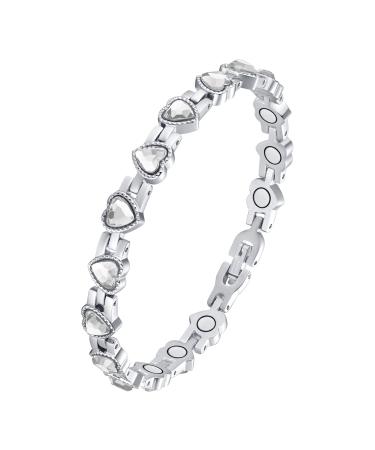 JECANORI Magnetic bracelet for women titanium steel magnetic bracelets with beautiful glittering love heart zirconia costume with tools for removing and gift box A-Silber