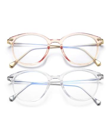 COASION Blue Light Blocking Glasses for Women Vintage Round Anti Blue Ray Computer Game Eyeglasses Small Face C1* (Transparent/Silver + Clear Pink/Gold) - 2 Pack 48 Millimeters