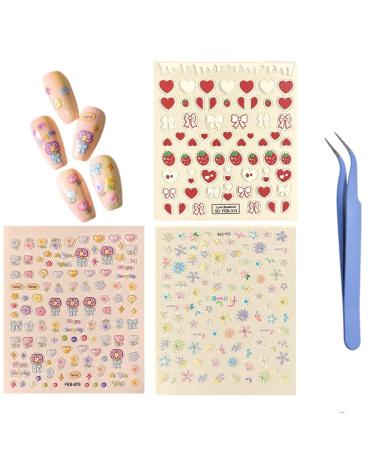 3D Embossed Flowers Nail Art Stickers 3 Sheets Nail Art Stickers Decals Self-Adhesive 5D Strawberry Heart Summer Floral Pattern Mixed for Women Girls Manicure with Tweezer (3 Sheets Flowers)