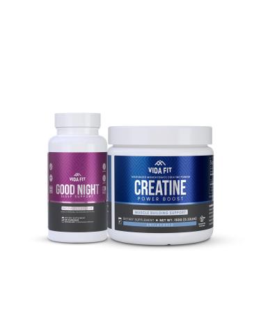Good Night Natural Sleep Aid (60 Capsules) & Micronized Creatine Monohydrate Powder (150g) Bundle Natural Sleep Support with Melatonin Ashwagandha & L-Theanine Plus Pure Vegan Creatine for Enhance