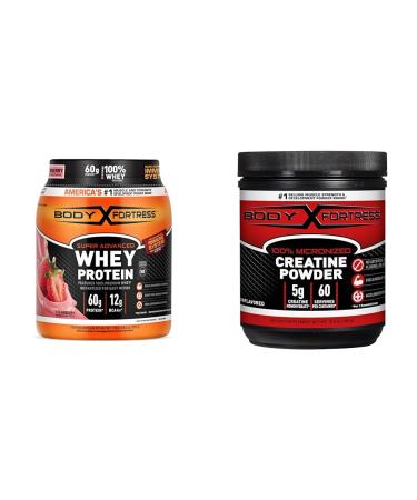 Bundle of Body Fortress Super Advanced Whey Protein Powder Strawberry1.78 lbs + Body Fortress 100% Micronized Creatine Monohydrate Powder 300g (60 Servings 5g Scoop) Unflavored