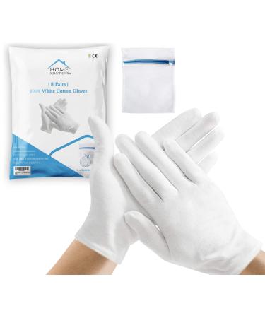 Home Solutions | 8 Pairs | 100% White Cotton Gloves for Eczema with Wash Bag, Moisturizing Gloves for Dry Hands, Cotton Gloves for Sleeping, Spa Gloves, Lotion Gloves Overnight for Women & Men