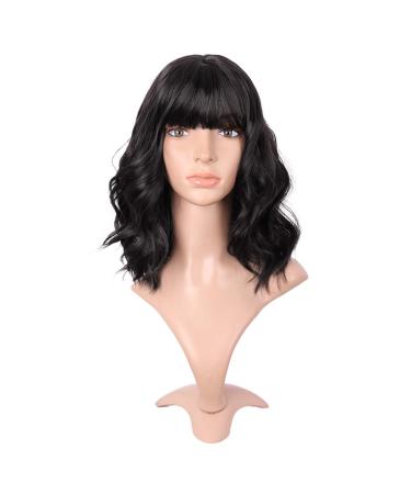 MapofBeauty 14 inch/35cm Short Bob Wavy Curly Fresh Air Bangs Hair Fibers Normal Wig (Black)
