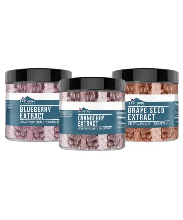 Earthborn Elements Grape Seed Blueberry & Cranberry Extract Capsule Bundle (200 Capsules Each) Pure & Undiluted No Additives