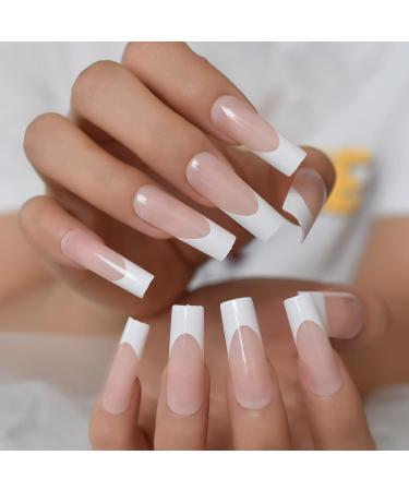 24pcs Long Square Nude White French Tip Press On False Nails for Women - Glossy Gel Full Cover Manicure - Buy Online on GoSupps.com