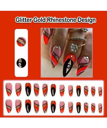 Shop Red Black Almond Press on Nails - Glitter Gold Striped Design | 24Pcs Medium Fake Nails for Weddings & Birthdays - DK68IP - Buy Online on GoSupps.com