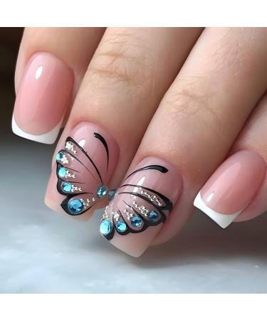 French Tip Press on Nails - Short Square Press On Nails with Nail Tips White edged French Blue Sparkling Butterfly Fake Nails press on nails Acrylic False Nails Cute Artificial Nails