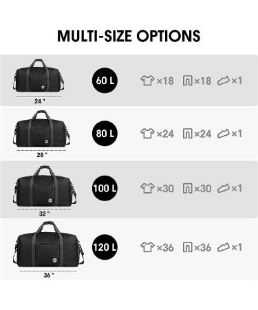 WANDF Foldable Duffle Bag Black 60L 24 Lightweight Travel Gym Sports Luggage - Buy Online on GoSupps.com