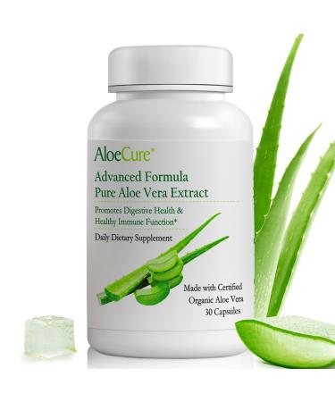 AloeCure Organic Aloe Vera Capsules 160 000mg Inner Aloe Leaf Equivalent per Serving Support Gut Digestive & Immune Health Helps Maintain Balanced Stomach Acidity Aloin Free 30 Capsules 1 Bottle (30 Capsules)