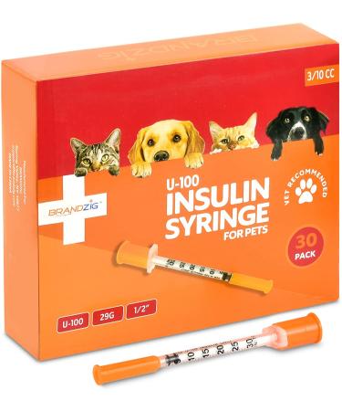 Brandzig U-100 Pet Insulin Syringes 29G 3/10cc, 1/2" 30-Pack