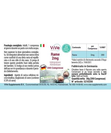 Cuivre 2mg - 200 comprim s - Bisglycinate de cuivre - Dosage lev - Biodisponible - Qualit allemande - ViVe Supplements - Buy Online on GoSupps.com