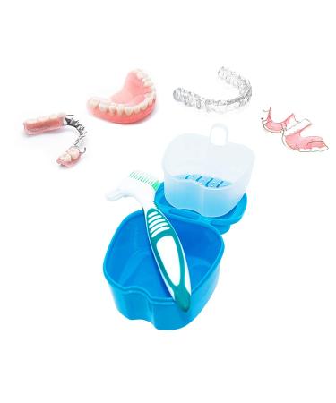 Denture Cups Set with Strainer Basket & Brush - Travel Denture Case for Overnight Cleaning - Blue/Green - Buy Online on GoSupps.com