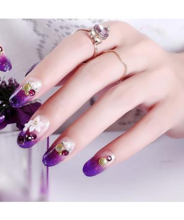 IMSOHOT Oval Medium Glossy Gradient Purple Press on Nails - Cute 3D Flower Acrylic Fake Nails for Women and Girls - Buy Online on GoSupps.com
