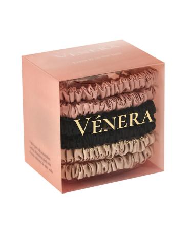 V NERA Silk 100% Pure 22 Momme Mulberry Small Silk Scrunchies- 6 Pieces Silk Hair Ties for Anti-Crease & Breakage- Oeko-Tex Certified - Luxury Silk Scrunchies for Hair (Black-Caramel-Pink)