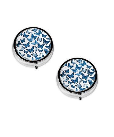 (Blue Butterflies) Round Pill Box 3 Compartment Pill Box Mini Decorative Pocket Purse Portable Travel Medicine Tablet Vitamin Holder Organizer Pill Case
