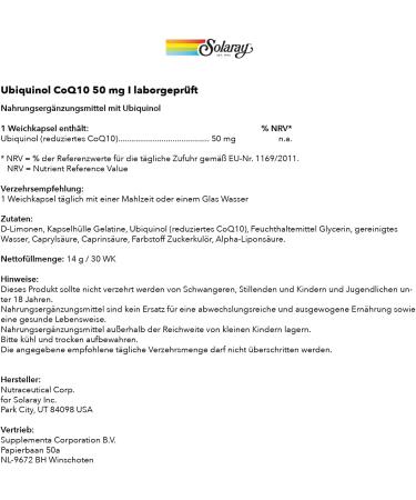 Solaray Ubiquinol CoQ10 50mg - 30 Soft Capsules | Premium Coenzyme Q10 for Optimal Absorption | Supports Mitochondria - Laboratory Tested Dietary Supplement - Buy Online on GoSupps.com
