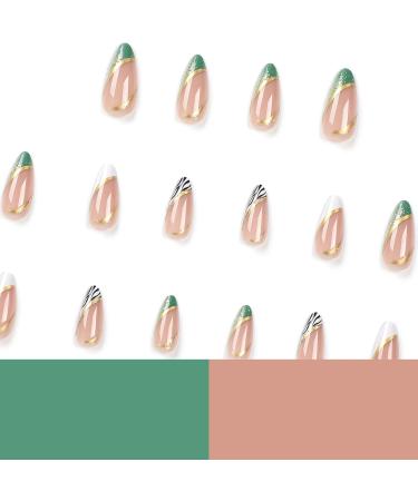 French Tip Press on Nails with Nail Tips Green almond shaped fake nails with black and gold stripe design press on nails Acrylic False Nails Cute Artificial Nails - Buy Online on GoSupps.com