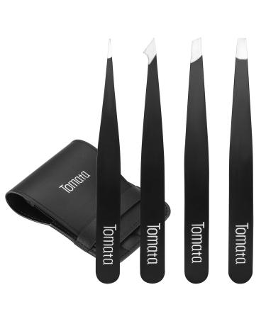 Tweezers for Eyebrows, 4-piece Slant Tip and Pointed Eyebrow Tweezer Set Great Precision for Eyebrows Facial Hair, Ingrown Hair, Splinter, Blackhead and Tick Remover (Black)