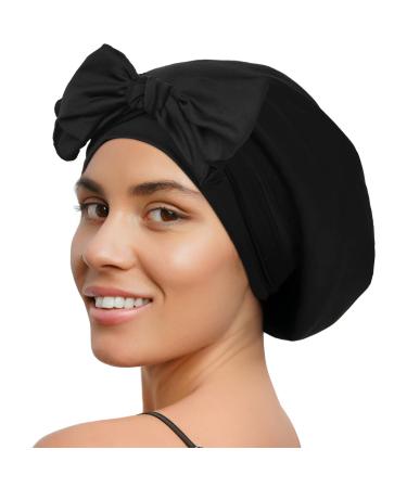 Bonnet Silk Bonnet for Sleeping Silk Lined Sleep Cap Hair Bonnets for Black Women Curly Hair Braids with Tie Band Large Pure Black