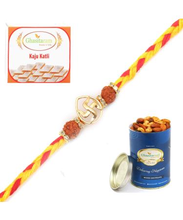 Ghasitaram Gifts Rakhi for Brother Rakhis Online - RM605 - Swastik Rudraksh Bracelet Rakhi with 100 GMS of Dryfruits Mix Can 200 GMS of Kaju katli Rakhi with 100g Dryfruits Mix Can &200g Kaju katli