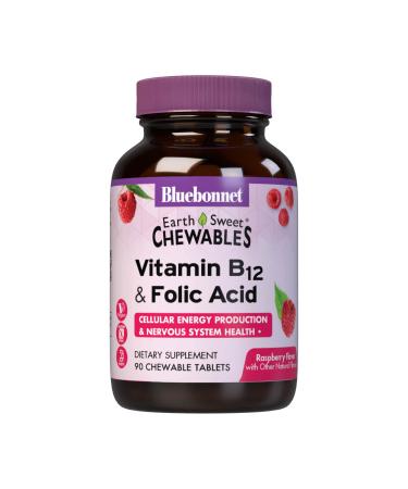 BlueBonnet Nutrition Earth Sweet Vitamin B12 & Folic Acid Chewable Tablets Soy-Free Gluten-Free Raspberry 90 Count (Pack of 1)