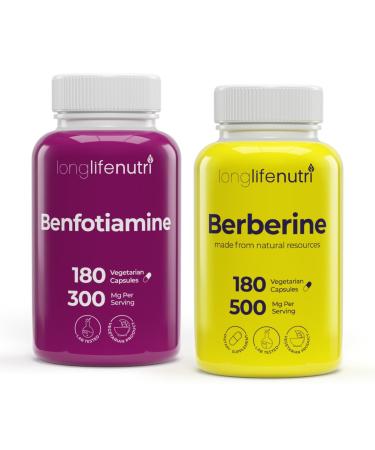 LongLifeNutri Benfotiamine 300 mg & Berberine HCl 500 mg Bundle - 180 Vegan Capsules Each 6 Month Supply Fat-Soluble B1 and Botanical Alkaloid Non-GMO GMP Certified Made in USA