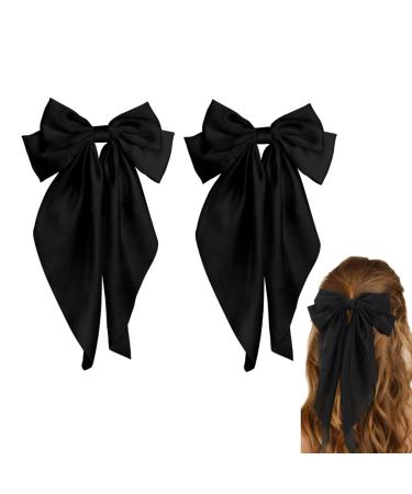 2 PCS Big Bow Hair Clips Large Bowknot Hairpin French Hair Clips with Long Silky Satin Ribbon Solid Color Hair Barrettes Accessories for Women Girls (Black+Black)