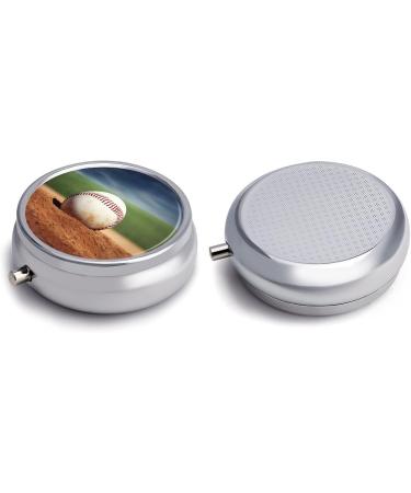 Shop Decorative Round Baseball Print Pill Box - 3 Compartment Portable Medicine Organizer | Metal Pocket Pill Case - Buy Online on GoSupps.com