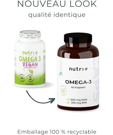 Nutri+ Omega 3 Vegan - 600mg DHA + 300mg EPA - 1100mg Essential Fatty Acids O3 Seaweed Oil - Highly Dosed - Vegan & Vegetarian - No Fish Oil Beef & Gelatin - Buy Online on GoSupps.com