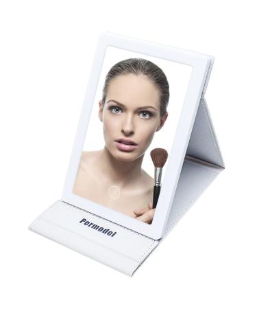 Permodel Travel Makeup Mirror with Light  Folding Portable Vanity Mirror with 60 LED Lights & 3 Colors Light  Dimmable Touch Screen Cosmetic Mirror  USB Rechargeable.(White)
