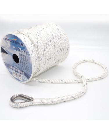 INNOCEDEAR Double Braided Nylon Anchor Rope(White Reflective, 3/8" x 100',1/2" 150') Anchor Line/Boat Anchor Rope with Stainless Steel Thimble, Quality Marine Rope, Boat Accessories 100FT